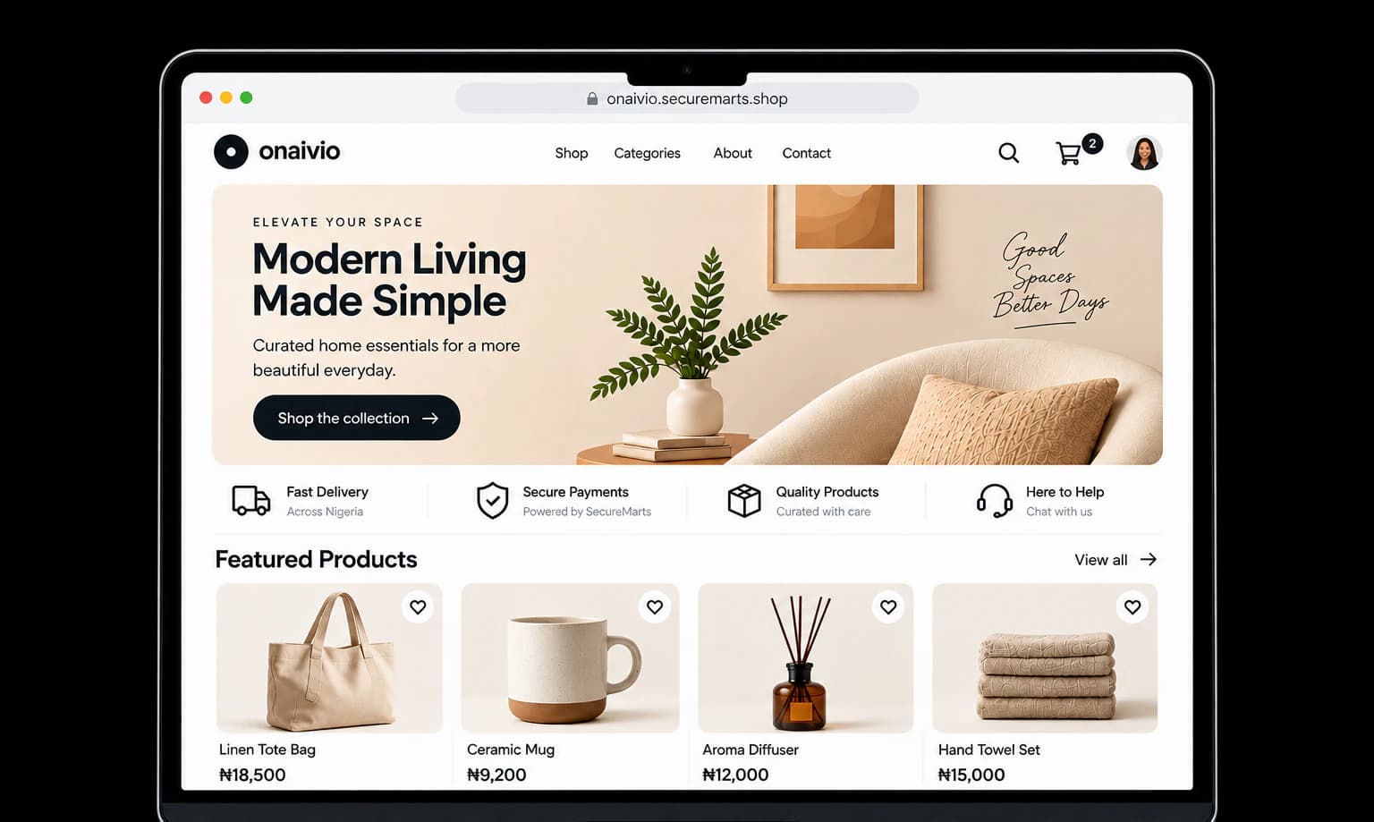 A merchant's storefront home page open on a laptop, showing a hero banner and featured products
