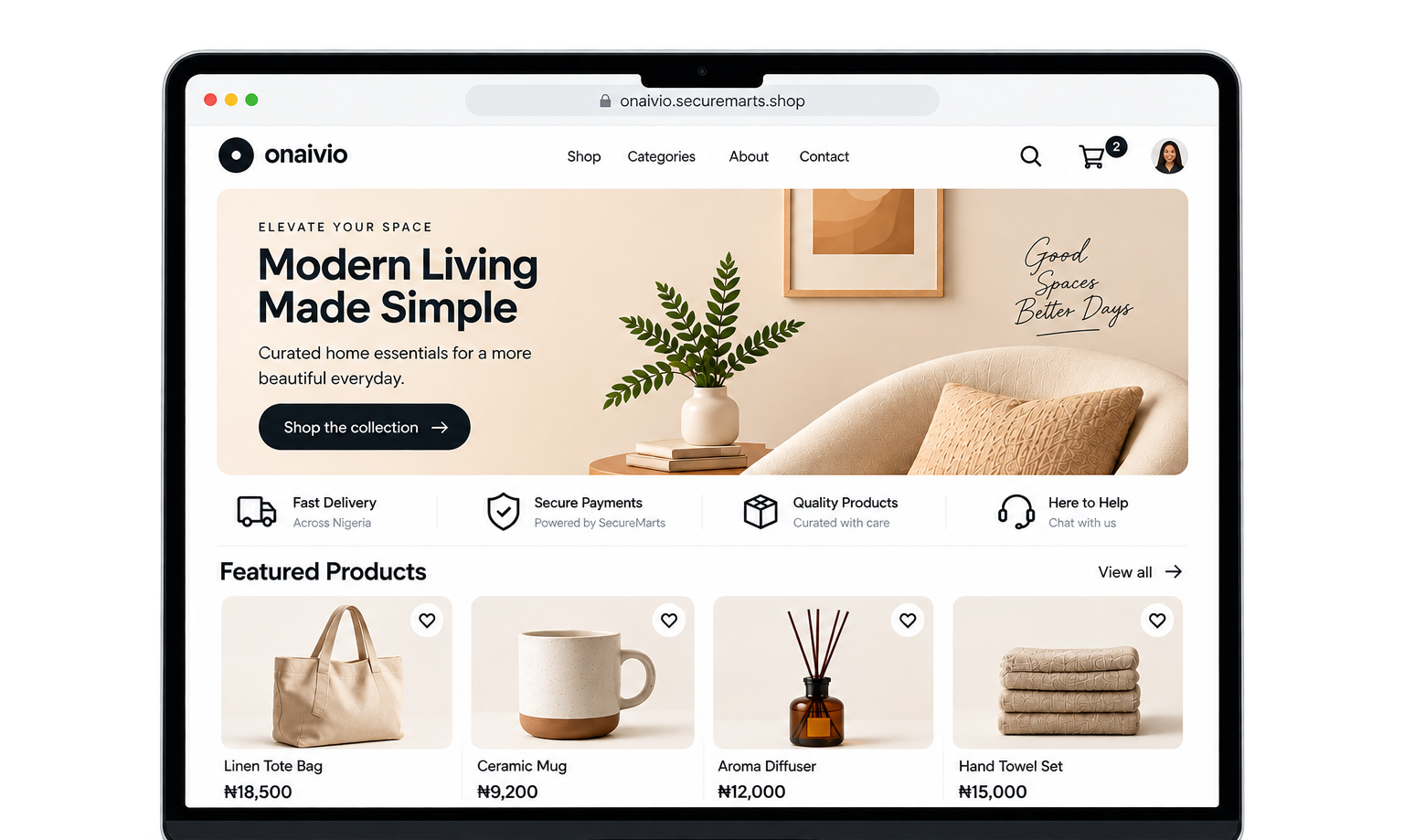 A merchant's storefront home page open on a laptop, showing a hero banner and featured products