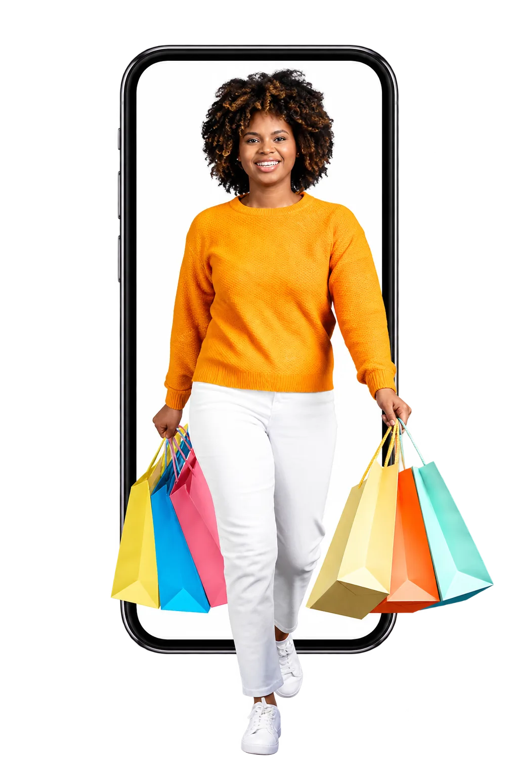 A customer walking out of a phone screen with her shopping bags